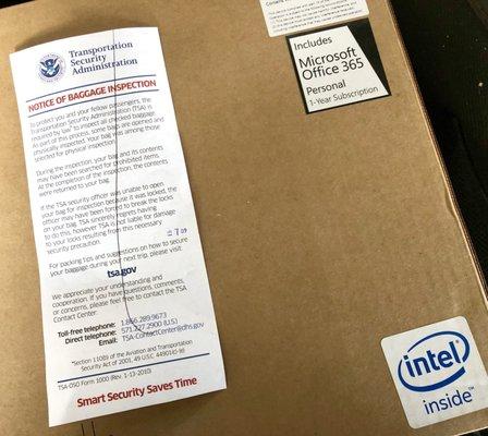 Notice of TSA inspection of my suitcase  (most likely because "Intel Inside"