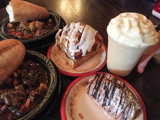 Beef stew // cinnamon roll // chocolate croissant // LeFou's Brew