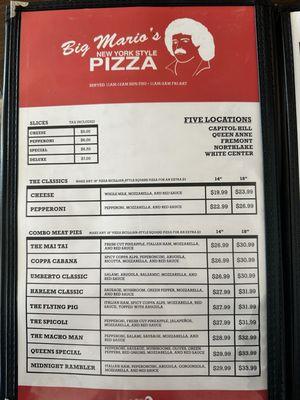 Pizza menu