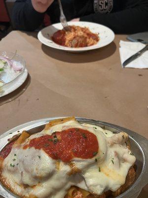 Baked Ziti Sicilian.  Spaghetti meatballs