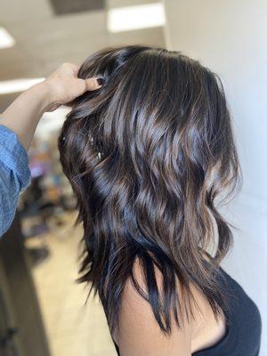 Chocolate balayage layered haircut