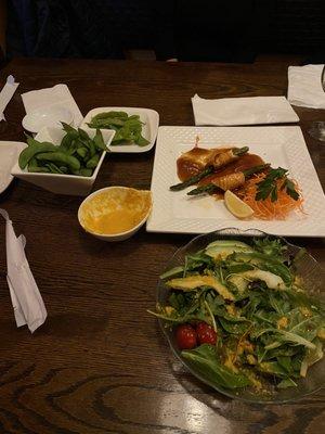 Salmon, appetizer with asparagus and edamame, wonderful ginger dressing on the salad