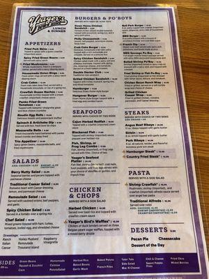 Menu for Yeager's