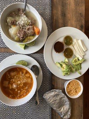 Menudo and Caldo de Rez. We got to go and ate at home. DELICIOUS.