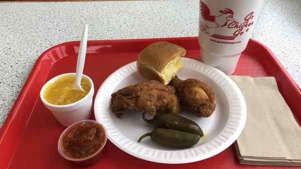 Snack meal (2 pieces dark) with mashed potatoes and roll plus added jalapeños and hot sauce