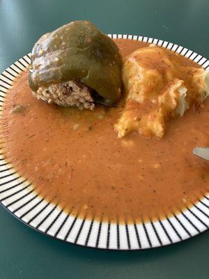 Stuffed pepper with mashed potatoes. $17 - includes a small soup. Excellent!  April 2024.