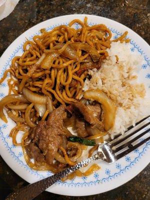 Pork lo mein, white rice, Mongolian beef.