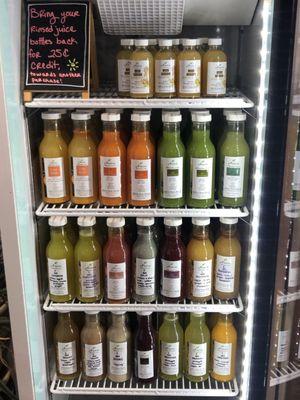 An amazing array of fresh cold pressed juices & nut mylks. They even recycle their bottles & give you a discount for returning them!