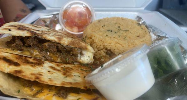 Steak quesadilla with side of rice