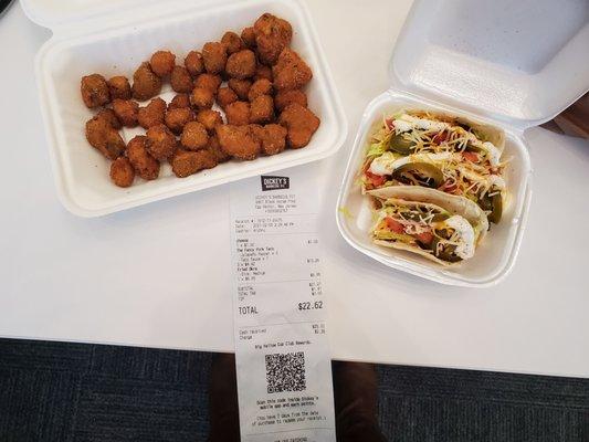 $22.62 for 3 tiny sized chicken tacos and 1 medium Okra.