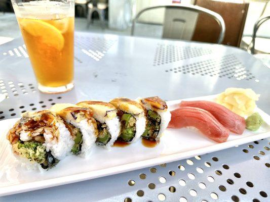 Vegetable Tempura roll Maguro Nigiri  Iced tea