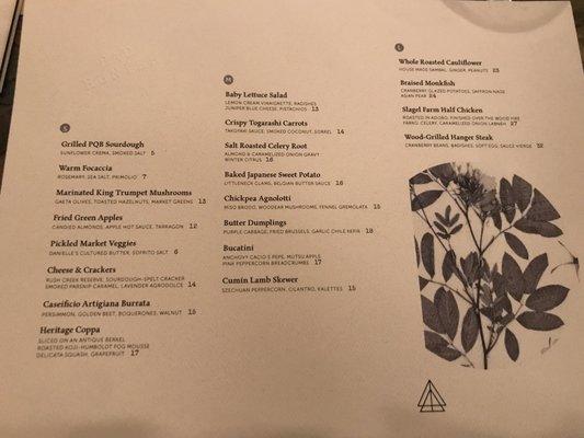 Dinner menu as of 12/8/19