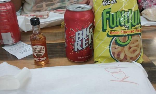 Po Boy sandwich, funyuns and a "special" Big Red.