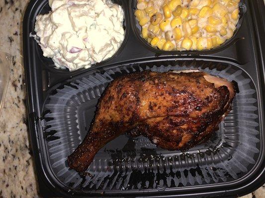 Chicken leg & thigh from 2 Meat plate with cream corn and potatoe salad