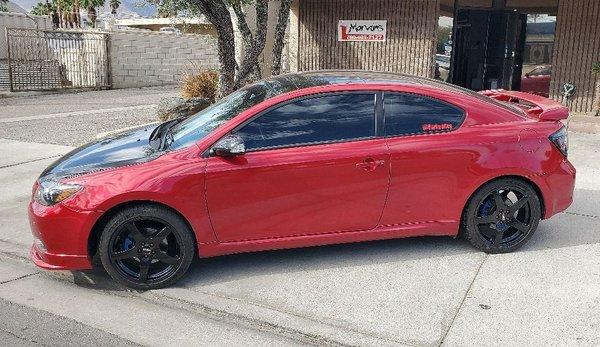 Scion TC TRD caviar black hood, infared body and wheels painted caviar black