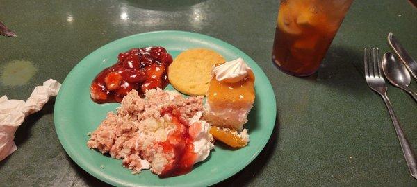 Strawberry Cobbler, sugar cookie, apricot cake & mixture of all pies mixed with cherries