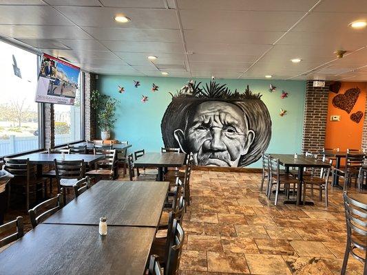 Main dining area with new cool mural painting.