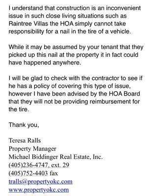 Email to our property management in response to our request for reimbursement.