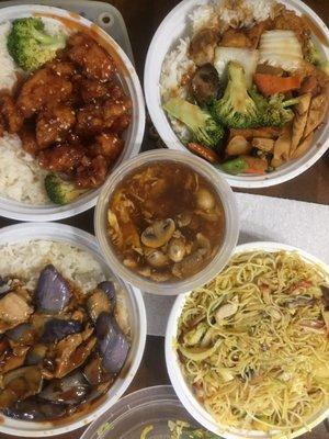 Sesame chicken. Singapore rice noodles.sweet and sour soup. Mix veg with fried tofu. Chicken eggplant with fish sauce