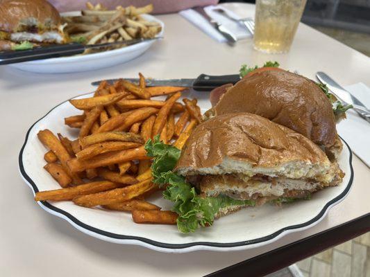 Vegan CBLT with sweet potato fries (CBLT with salt and vinegar fries in the background)