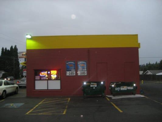 View of the store coming west on Stark St.