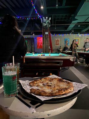 Pool , mouse trap cocktail and pizza