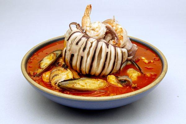 Korean traditional spicy seafood soup-seafood Jjam-ppong in bog bowl.