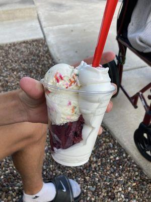 Arctic cooler (cake batter gelato, Michigan blueberry Italian ice, vanilla soft serve?)