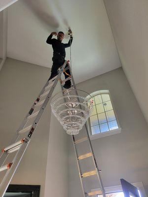 People ask can we charge cheaper on high ceiling chandelier installations, I say Sure, you can rent my ladder to do that