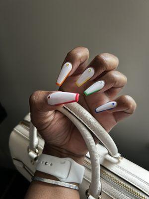 Full-Set, White acrylic, gel tip and finish, jewels, coffin shaped