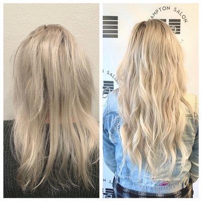 Before and after 22" beaded weft extensions by Kelsey