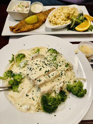 Broccoli and Chicken Linguini, and Friday fish fry special with mac & cheese and coleslaw