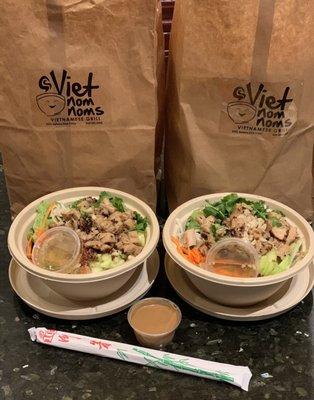 Chicken Vermicelli Bowl with a side of peanut sauce