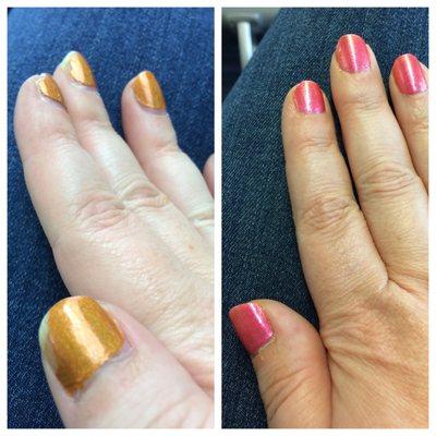 Before and after. Not super fabulous manicure but my nails look much better.