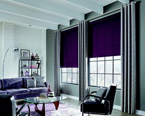 Living Room roller shades and curtain panels