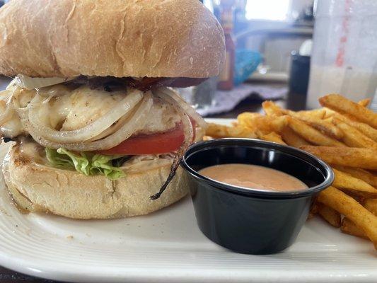 Chicken bacon ranch sandwich and fries