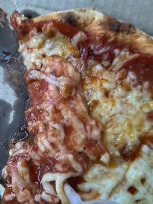 This is supposed to be a pepperoni pizza can you find the pepperoni it's supposed to be on top of the cheese not under the cheese.