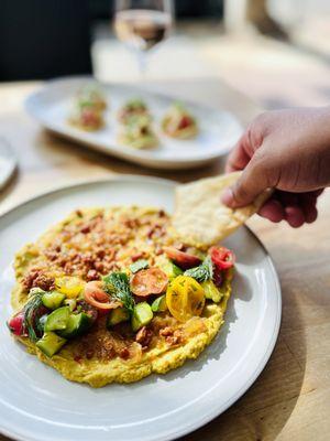 CURRIED HUMMUS - warm masala spices, mango chutney, dill + coriander kachumber, crispy chickpeas, warm naan