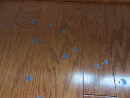 Floor damage done either by Minkoff or their subcontractor ACM. Each piece of painter's tape is a ding or scratch.