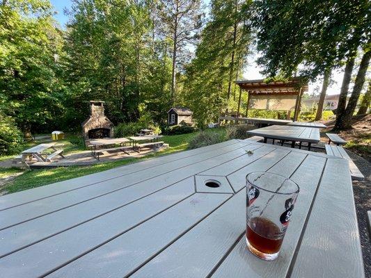 Beautiful outdoor space with stage and fireplace