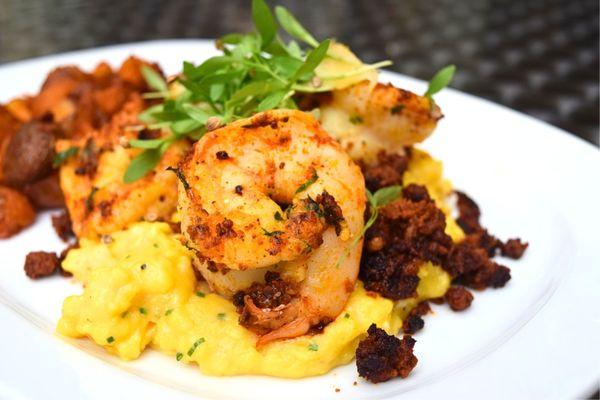 Soft scramble with chorizo and prawns