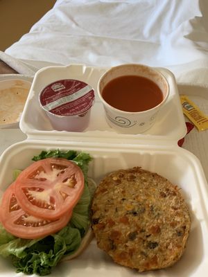 Veggie burger with low sodium tomato soup.