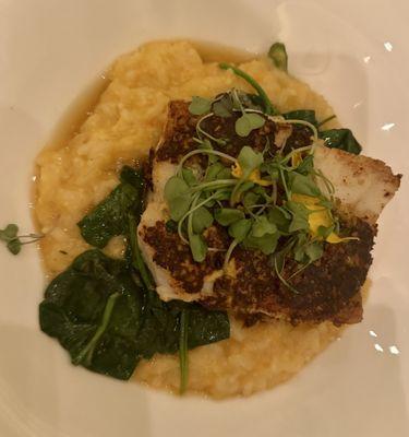 Blackened Grouper over sweet potato risotto w/ sautéed spinach