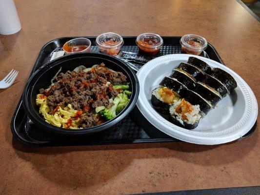 Rice bowl with Bulgogi and Fried shrimp Kimbap .. .so good!!