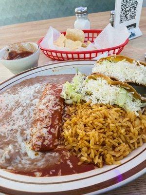 2 shredded beef hard shell tacos, 1 cheese enchilada with rice and beans. I enjoyed every bite.