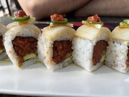 Mellow Yellow roll (with spicy tuna inside, not spicy yellowtail)