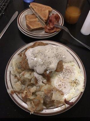 Country Chicken Fried Steak, toast and a side of bacon