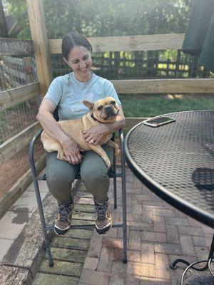 Amy spoiling Ruby during small dog outside time at Fantana Farm and Kennel