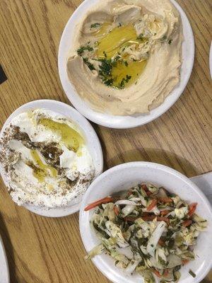 Hummus ,Cabbage Salad ,Labani   All fresh and really delicious. Even the pita bread was awesome.