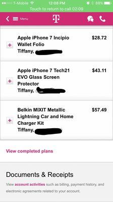 bill on my T-Mobile app showing that I'm being charged for all three accessories that I was told I was receiving for free